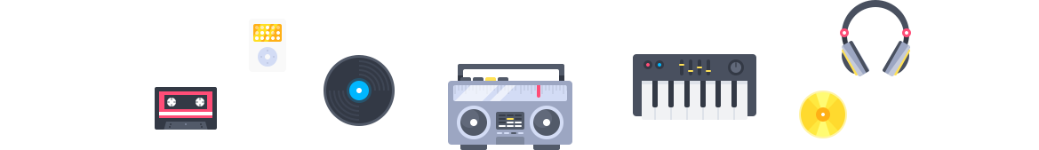 a collection of music players, a cassette, mp3 player, disc, radio, piano, cd, and headphones